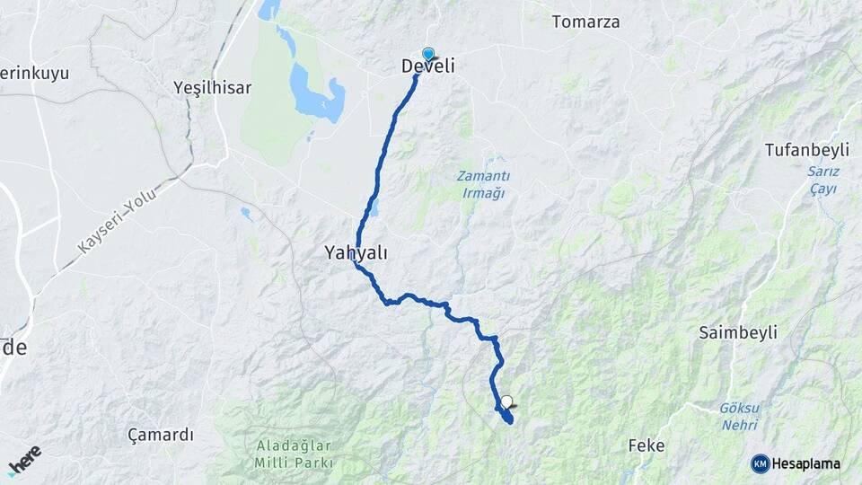 Kayseri Develi Mansurlu Feke Adana Arası Kaç Km - Yol Haritası