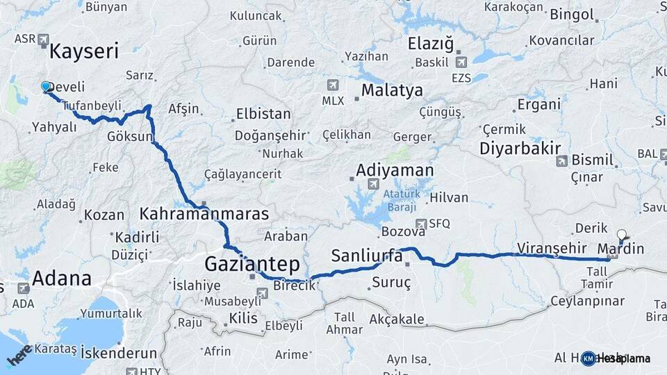 Kayseri Develi Mardin Arası Kaç Km - Yol Haritası