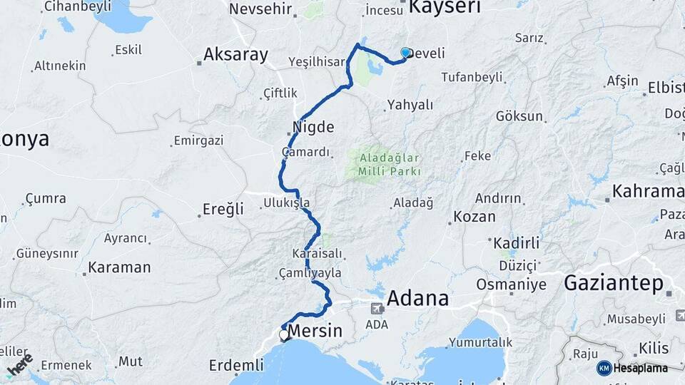 Kayseri Develi Mersin Arası Kaç Km - Yol Haritası