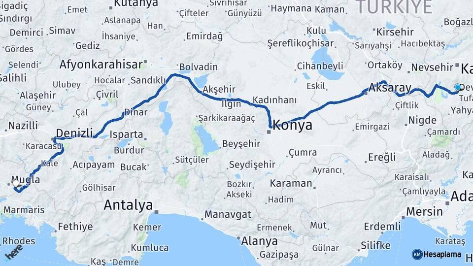 Kayseri Develi Muğla Arası Kaç Km - Yol Haritası