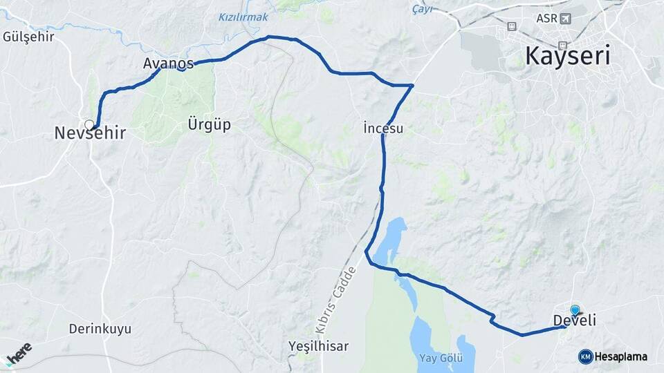 Kayseri Develi Nevşehir Arası Kaç Km - Yol Haritası