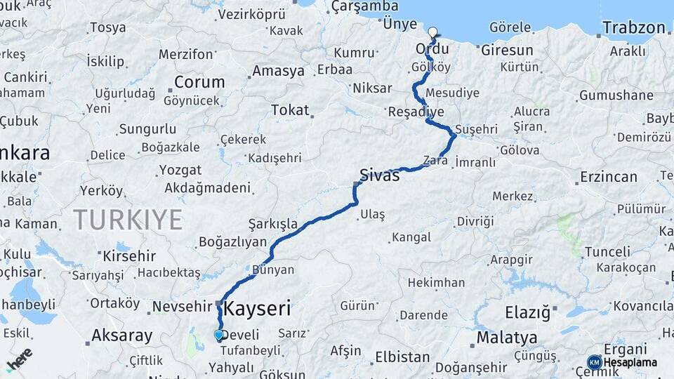 Kayseri Develi Ordu Arası Kaç Km - Yol Haritası