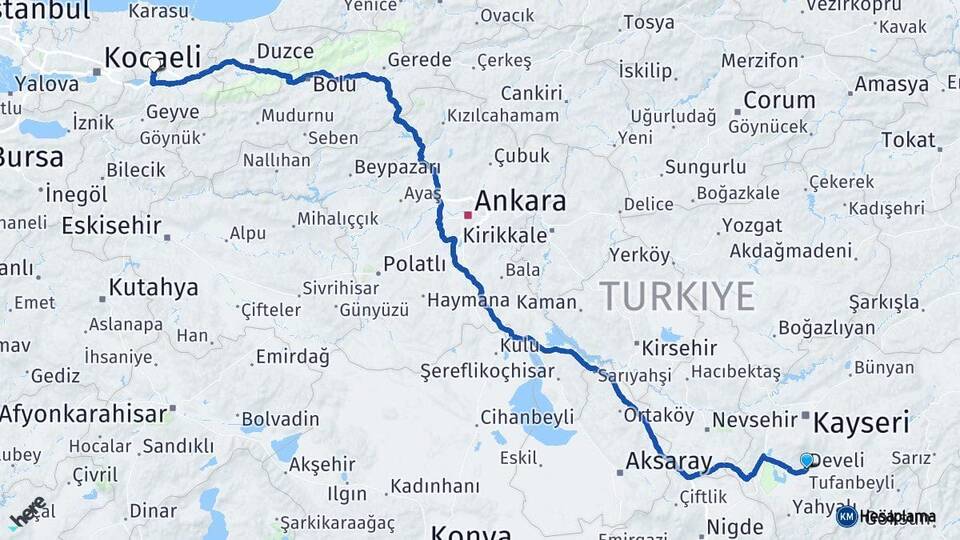 Kayseri Develi Sakarya Arası Kaç Km - Yol Haritası