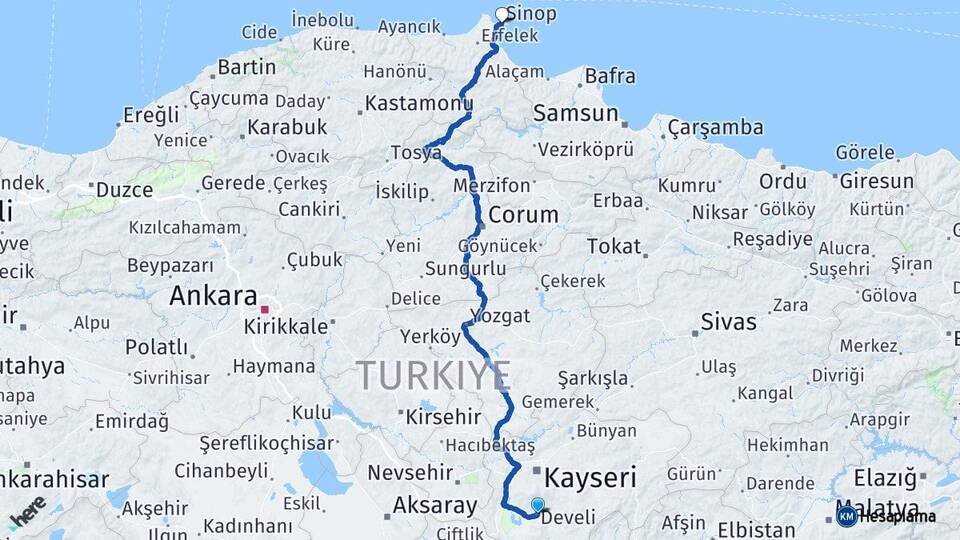 Kayseri Develi Sinop Arası Kaç Km - Yol Haritası