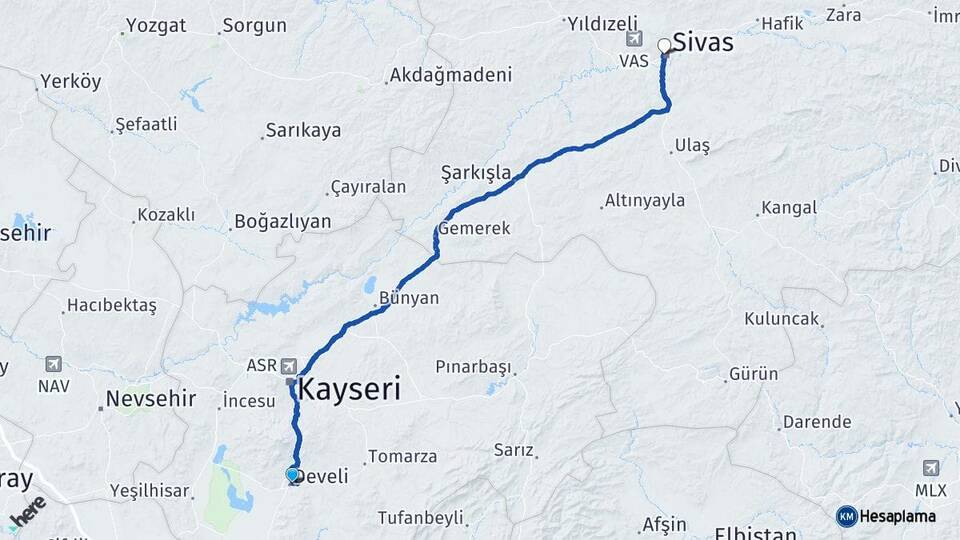 Kayseri Develi Sivas Arası Kaç Km - Yol Haritası