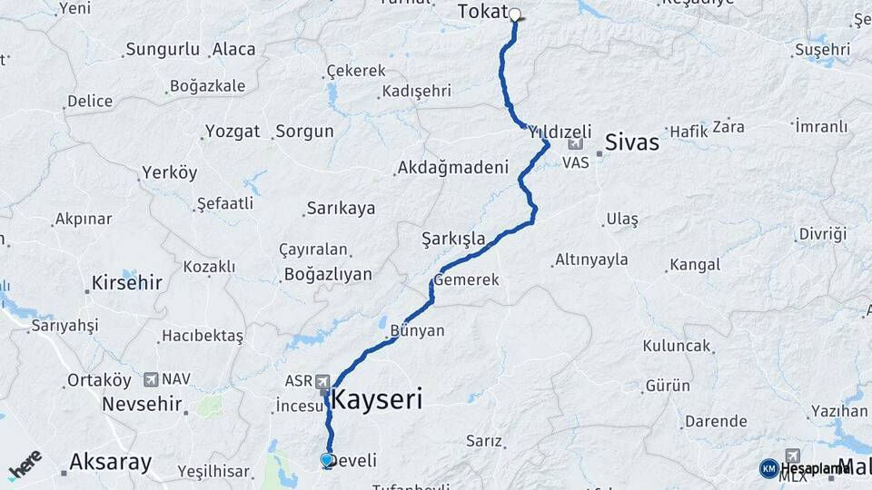 Kayseri Develi Tokat Arası Kaç Km - Yol Haritası