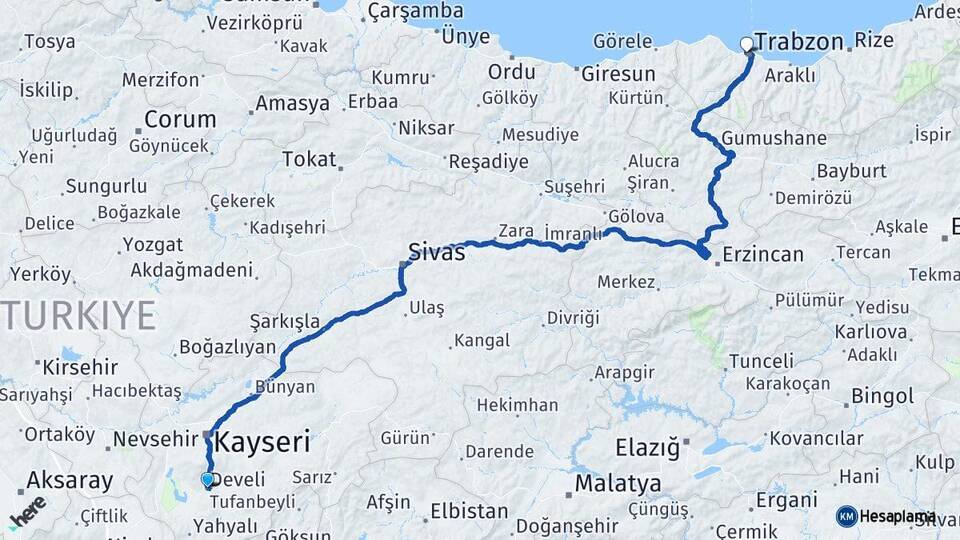 Kayseri Develi Trabzon Arası Kaç Km - Yol Haritası