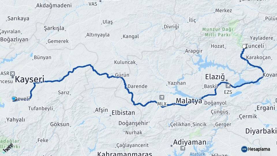 Kayseri Develi Tunceli Arası Kaç Km - Yol Haritası