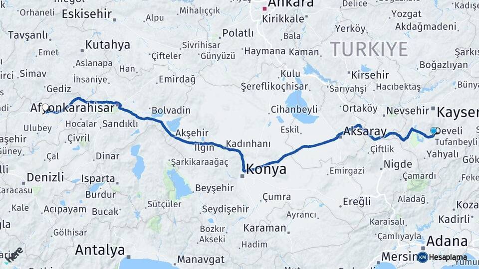 Kayseri Develi Uşak Arası Kaç Km - Yol Haritası