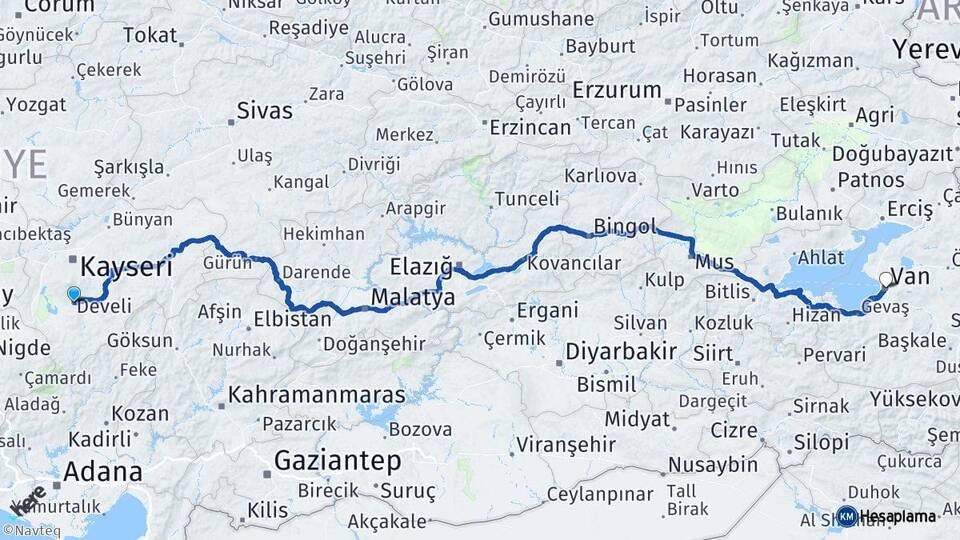 Kayseri Develi Van Arası Kaç Km - Yol Haritası