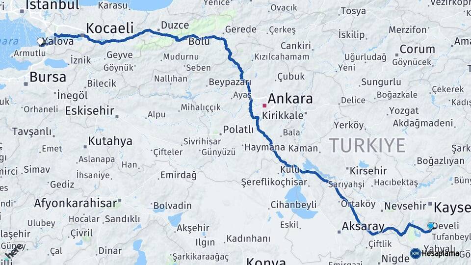 Kayseri Develi Yalova Arası Kaç Km - Yol Haritası
