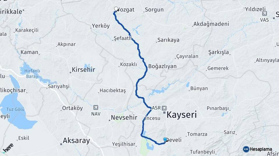 Kayseri Develi Yozgat Arası Kaç Km - Yol Haritası