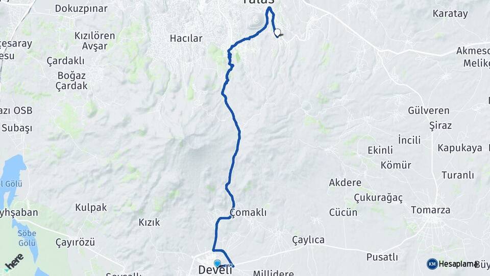 Kayseri Develi Zincidere Talas Arası Kaç Km - Yol Haritası