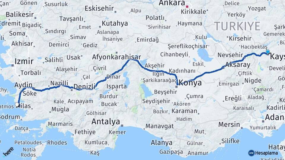 Kayseri Didim Aydın Arası Kaç Km - Yol Haritası