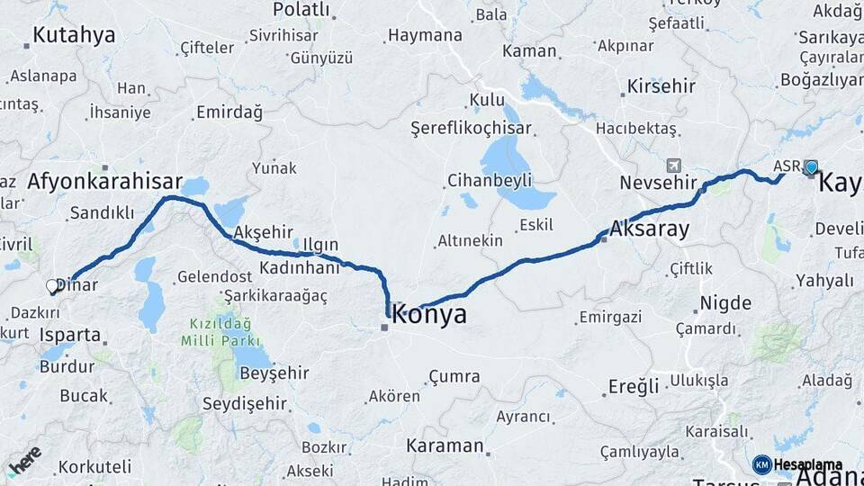 Kayseri Dinar Afyonkarahisar Arası Kaç Km - Yol Haritası