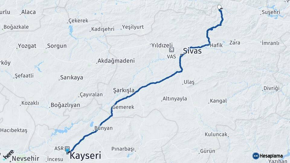 Kayseri Doğanşar Sivas Arası Kaç Km - Yol Haritası