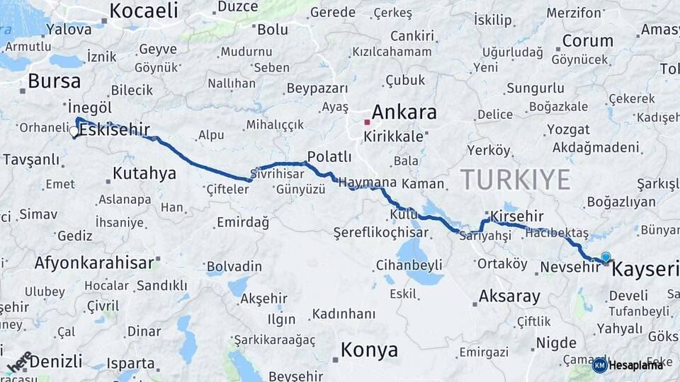 Kayseri Domaniç Kütahya Arası Kaç Km - Yol Haritası