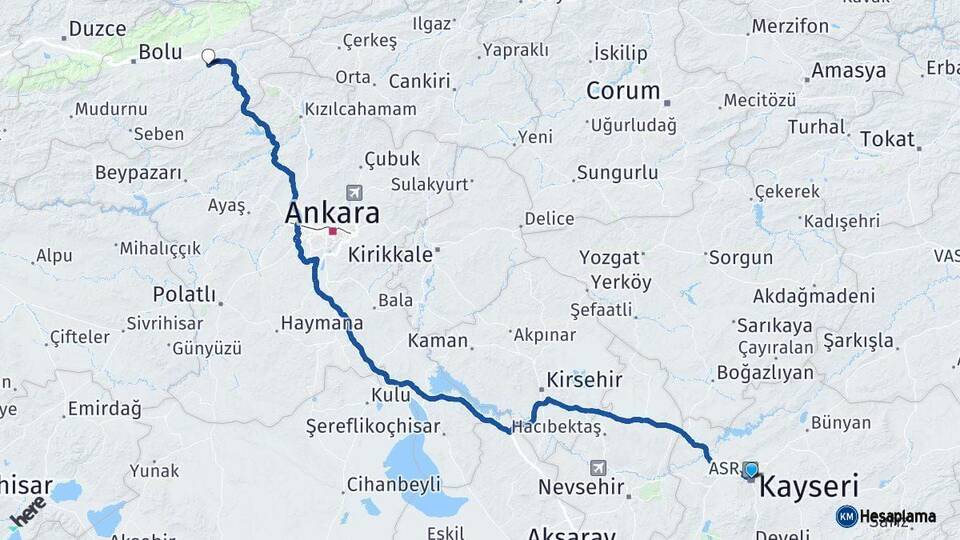 Kayseri Dörtdivan Bolu Arası Kaç Km - Yol Haritası