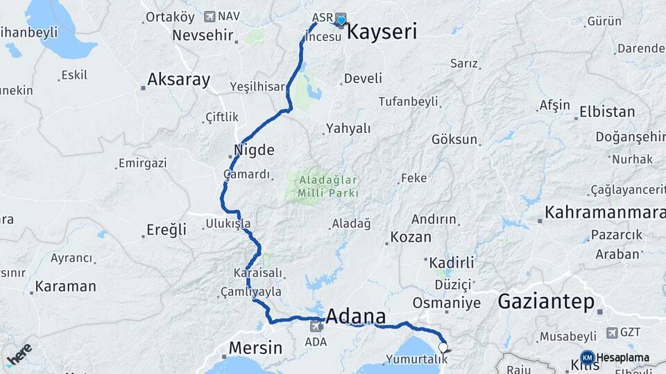 Kayseri Dörtyol Hatay Arası Kaç Km - Yol Haritası