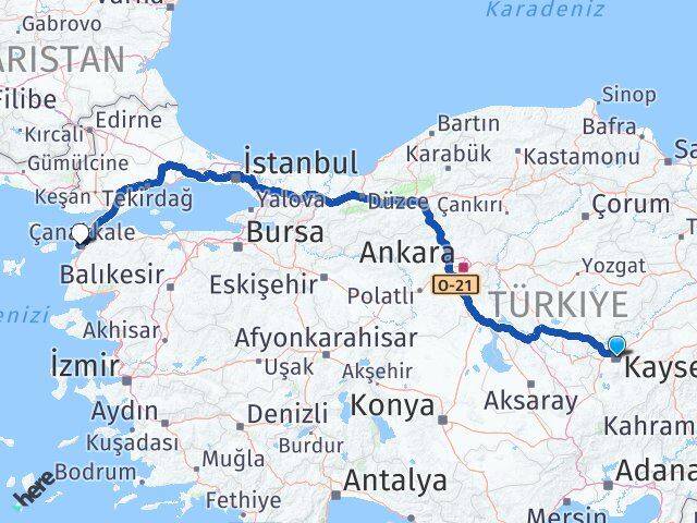 Kayseri Eceabat Çanakkale Arası Kaç Km - Yol Haritası