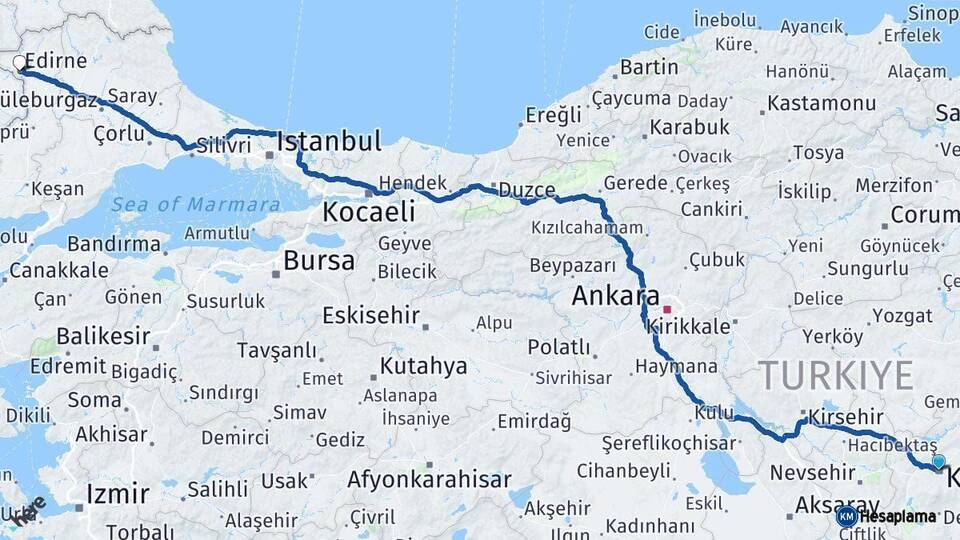 Kayseri Edirne Arası Kaç Km - Yol Haritası