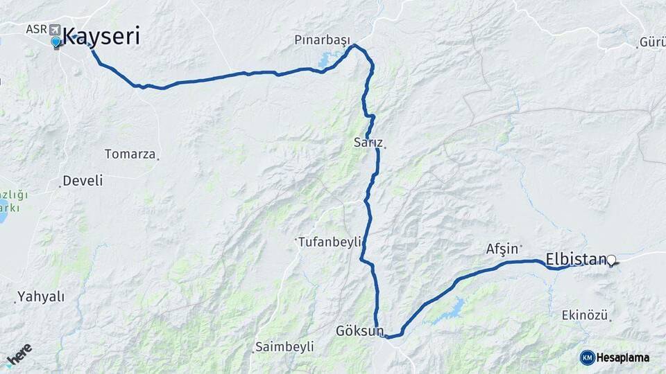 Kayseri Elbistan Kahramanmaraş Arası Kaç Km - Yol Haritası
