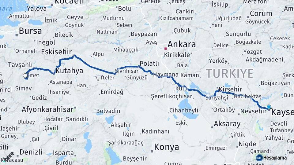 Kayseri Emet Kütahya Arası Kaç Km - Yol Haritası