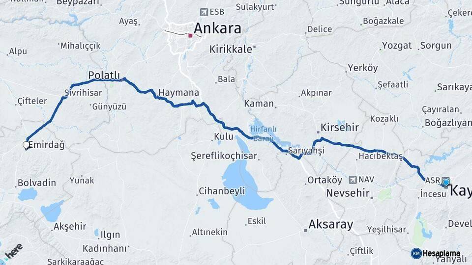 Kayseri Emirdağ Afyonkarahisar Arası Kaç Km - Yol Haritası