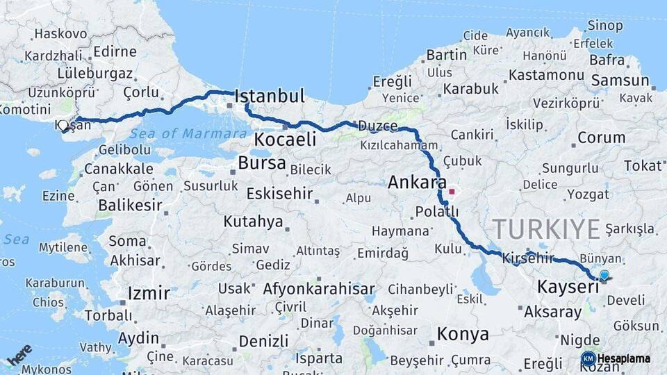 Kayseri Enez Edirne Arası Kaç Km - Yol Haritası