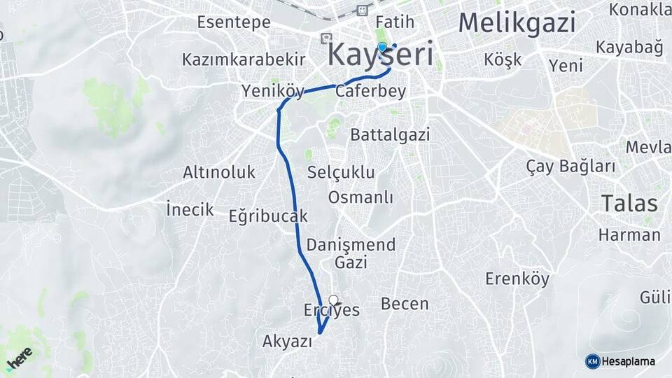 Kayseri Erciyes Hacılar Arası Kaç Km - Yol Haritası