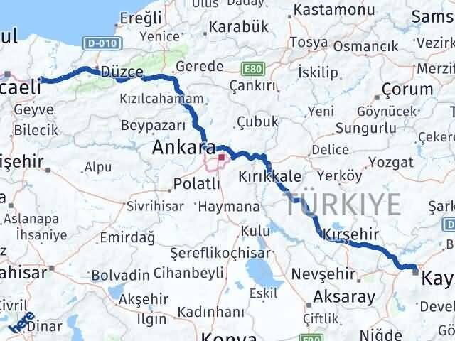 Kayseri Erenler Sakarya Arası Kaç Km - Yol Haritası