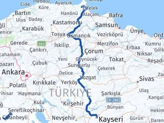 Kayseri Erfelek Sinop Arası Kaç Km - Yol Haritası