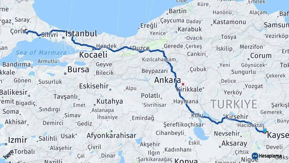 Kayseri Ergene Tekirdağ Arası Kaç Km - Yol Haritası