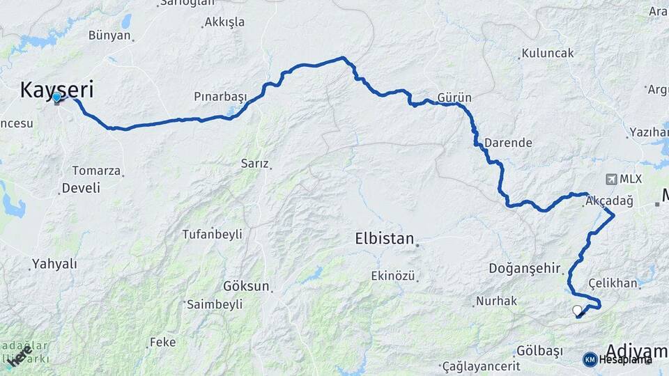 Kayseri Erkenek Doğanşehir Malatya Arası Kaç Km - Yol Haritası