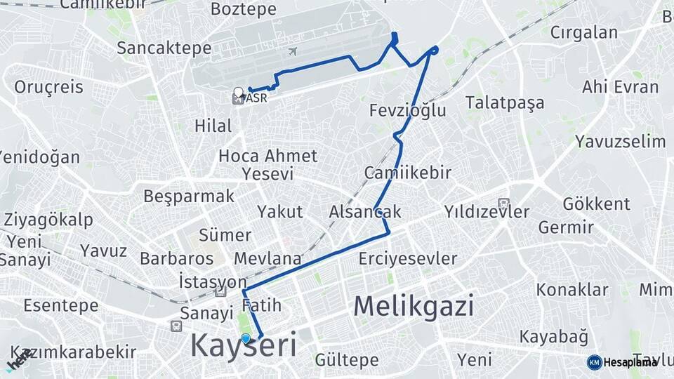 Kayseri Erkilet Havalimanı Arası Kaç Km - Yol Haritası