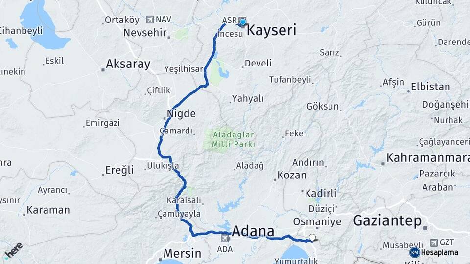 Kayseri Erzin Hatay Arası Kaç Km - Yol Haritası