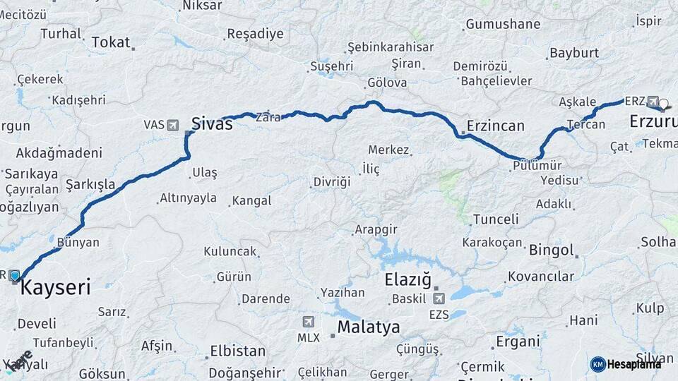 Kayseri Erzurum Arası Kaç Km - Yol Haritası