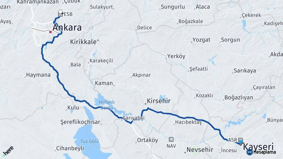 Kayseri Esenboğa Havalimanı Arası Kaç Km - Yol Haritası