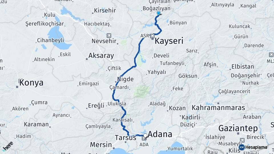 Kayseri Felahiye Adana Arası Kaç Km - Yol Haritası