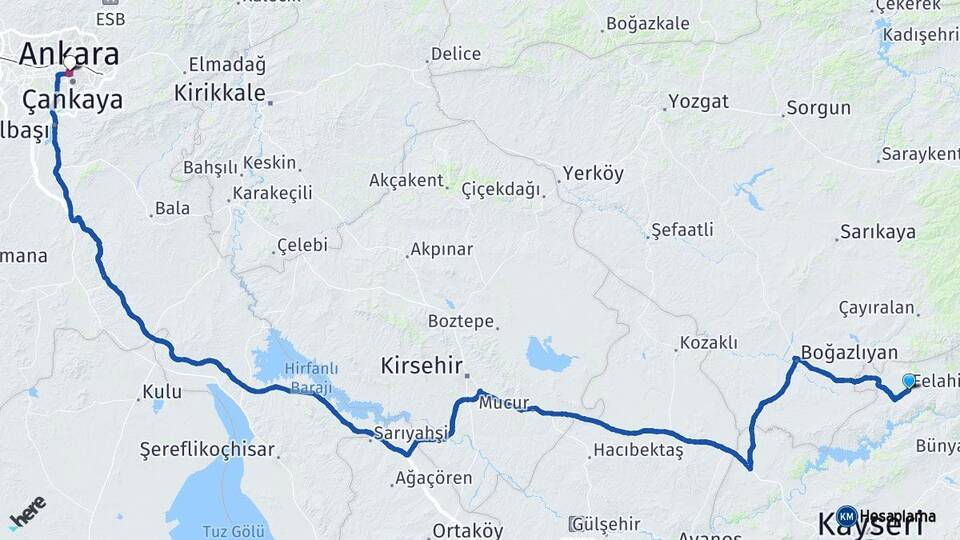 Kayseri Felahiye Ankara Arası Kaç Km - Yol Haritası