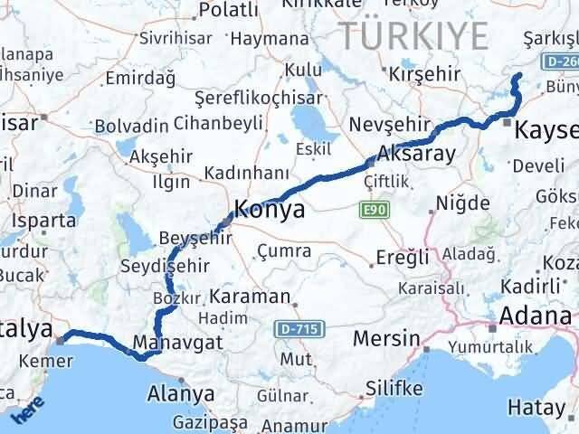 Kayseri Felahiye Antalya Arası Kaç Km - Yol Haritası
