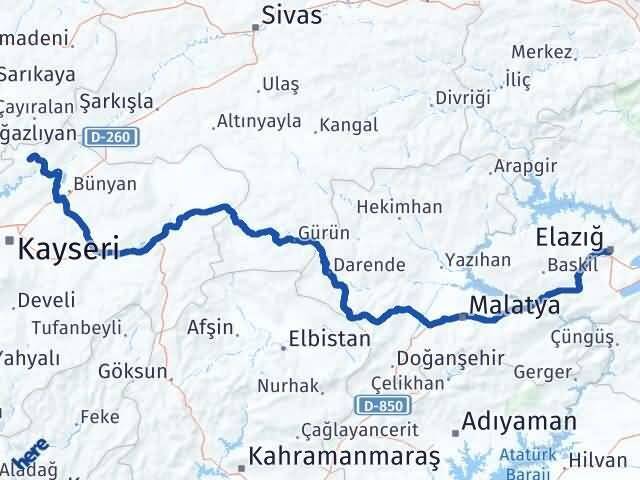Kayseri Felahiye Elazığ Arası Kaç Km - Yol Haritası