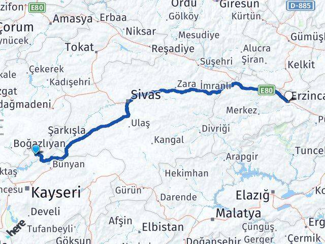 Kayseri Felahiye Erzincan Arası Kaç Km - Yol Haritası