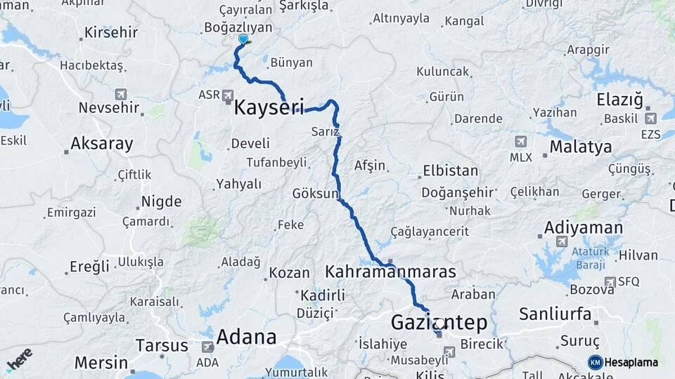 Kayseri Felahiye Gaziantep Arası Kaç Km - Yol Haritası