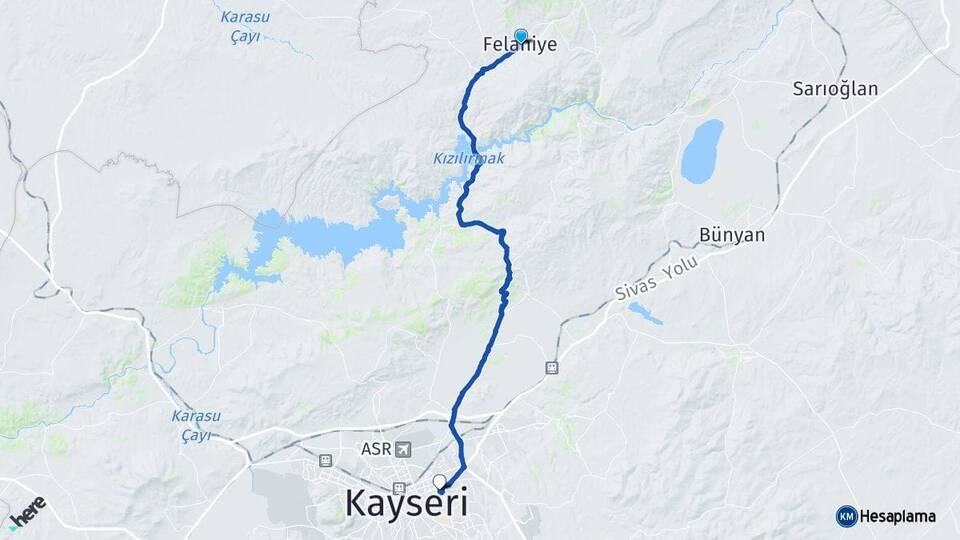 Kayseri Felahiye Melikgazi Arası Kaç Km - Yol Haritası