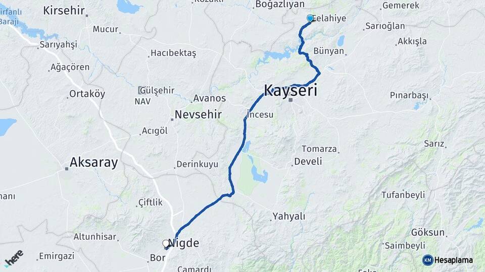 Kayseri Felahiye Niğde Arası Kaç Km - Yol Haritası