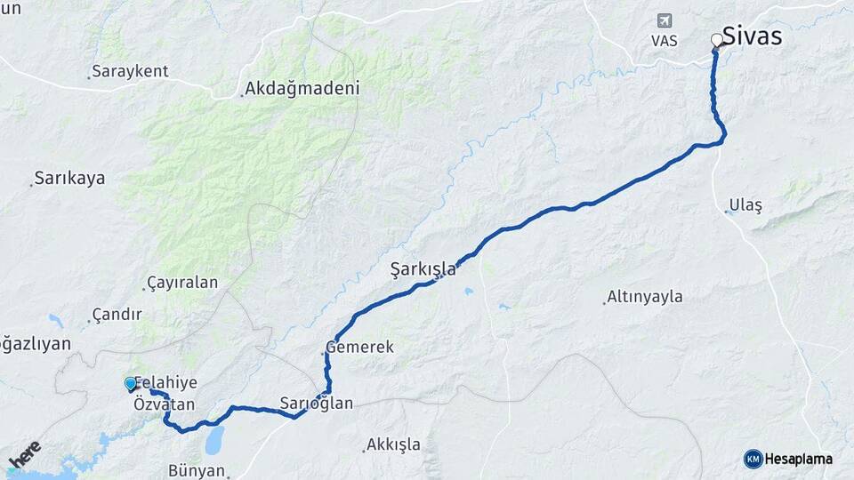Kayseri Felahiye Sivas Arası Kaç Km - Yol Haritası
