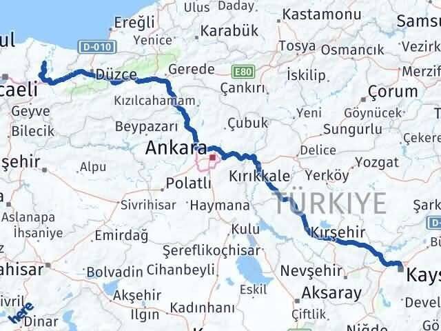 Kayseri Ferizli Sakarya Arası Kaç Km - Yol Haritası