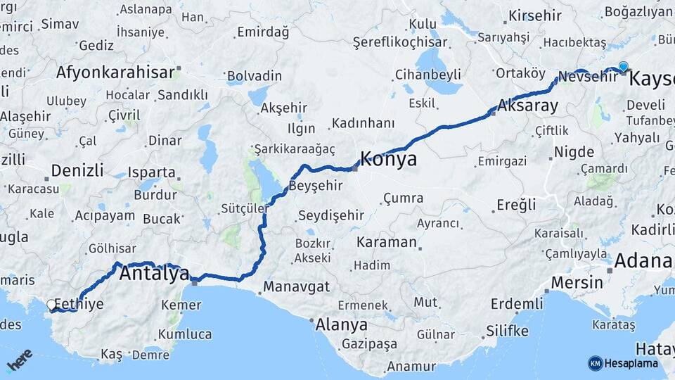 Kayseri Fethiye Muğla Arası Kaç Km - Yol Haritası