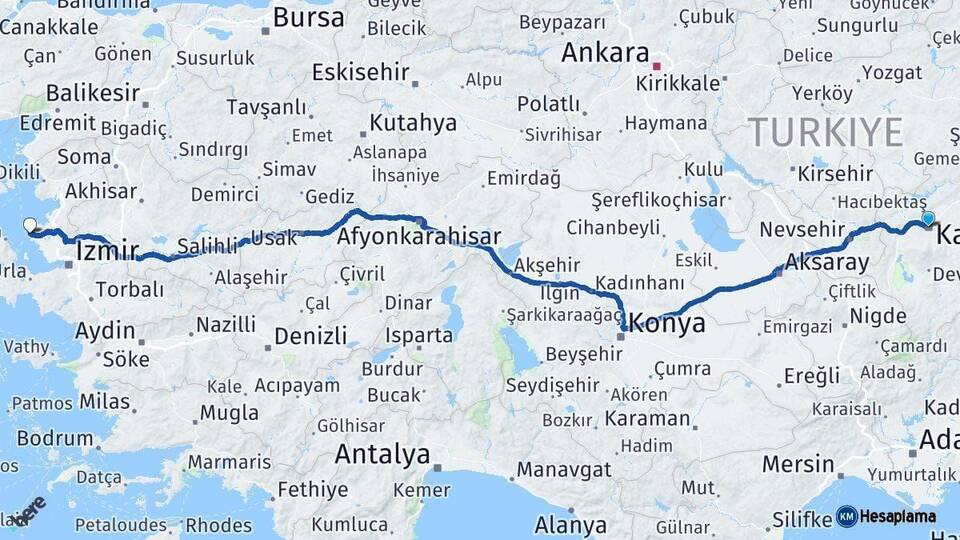 Kayseri Foça İzmir Arası Kaç Km - Yol Haritası
